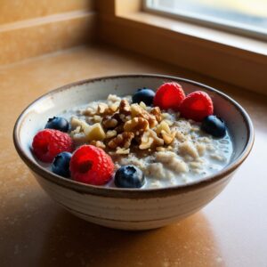 Owsianka podana w porcelanowej misce udekorowana swiezymi malinami borowkami i posiekanymi orzechami w tle drewniany blat i subtelna poswiata poranka.
