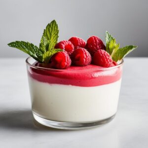 Panna Cotta w szklance z gladka biala warstwa i intensywnie czerwonym musem malinowym udekorowana listkami miety i swiezymi malinami. 1