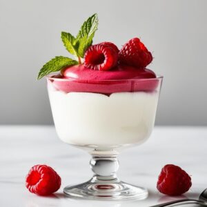 Panna Cotta w szklance z gladka biala warstwa i intensywnie czerwonym musem malinowym udekorowana listkami miety i swiezymi malinami.