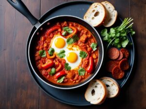 Patelnia z szakszuka z zatopionym lekko scietym jajkiem na rustykalnym drewnianym stole podana z kawalkami pieczywa na bokach. Dekoracja z kolendry i rozkrojonym chorizo obok szakszuka z chorizo