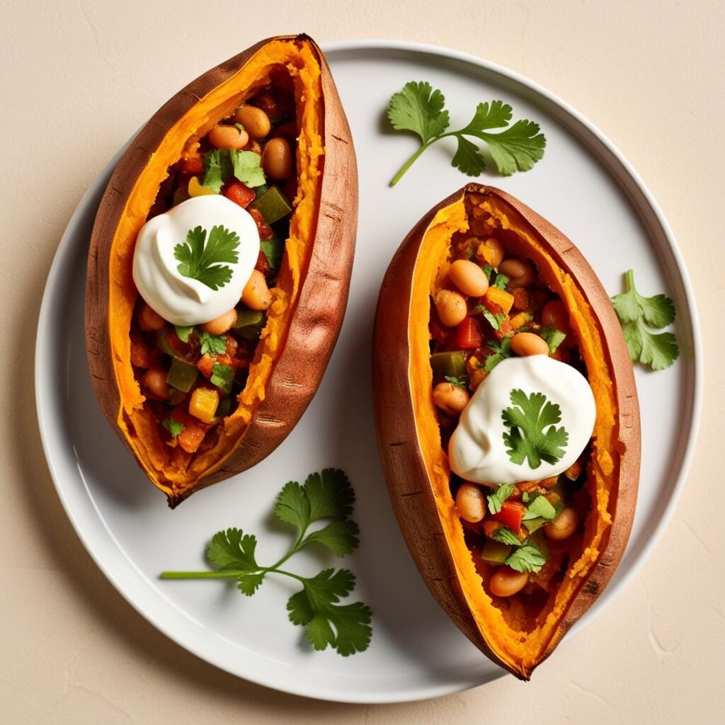 Pieczone bataty nadziewane kolorowym farszem fasolowo warzywnym posypane swieza kolendra z jogurtem greckim na wierzchu jasne tlo zywe kolory. 1 pieczone bataty