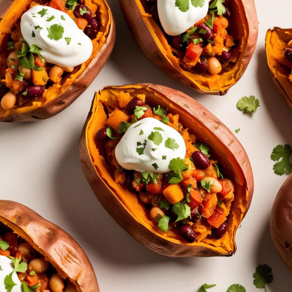 Pieczone bataty nadziewane kolorowym farszem fasolowo warzywnym posypane swieza kolendra z jogurtem greckim na wierzchu jasne tlo zywe kolory. pieczone bataty