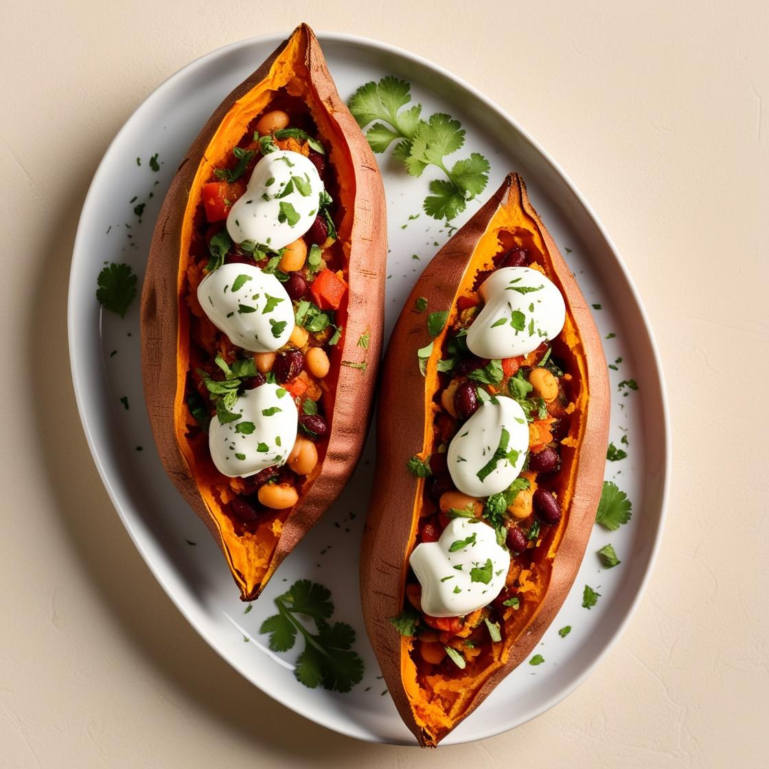 Pieczone bataty nadziewane kolorowym farszem fasolowo warzywnym posypane swieza kolendra z jogurtem greckim na wierzchu jasne tlo zywe kolory. 2