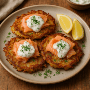 Placki ziemniaczane z lososiem i sosem placki ziemniaczane z łososiem