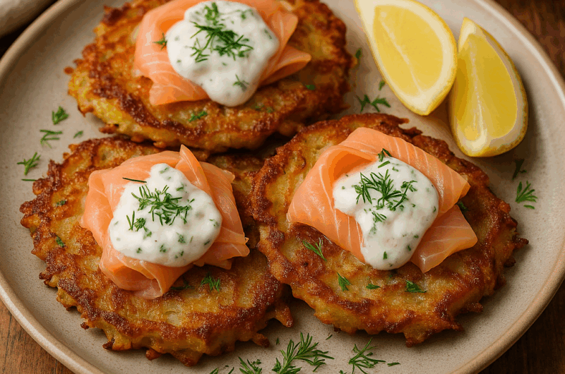 Placki Ziemniaczane z Łososiem i Sosem Chrzanowym