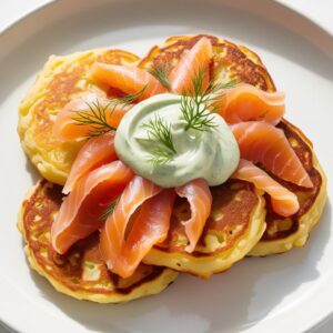 Placki ziemniaczane z plastrami wedzonego lososia polewane kremowym sosem chrzanowym udekorowane swiezym koperkiem jasne tlo cieple oswietlenie. 1 placki ziemniaczane z łososiem