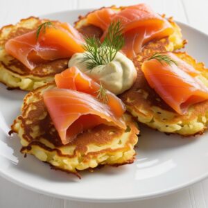 Placki ziemniaczane z plastrami wedzonego lososia polewane kremowym sosem chrzanowym udekorowane swiezym koperkiem jasne tlo cieple oswietlenie. placki ziemniaczane z łososiem