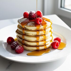 Placuszki z ricotta i cytryna ulozone w stos na bialym talerzu polane syropem klonowym udekorowane swiezymi malinami i cukrem pudrem sfotografowane w jasnym slonecznym otoczeniu. placuszki z ricottą