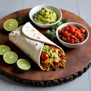 Podanie burrito na desce drewnianej z dodatkami miseczka z guacamole pokrojone limonki i salsa pomidorowa. 1 Podanie burrito na desce drewnianej z dodatkami miseczka z guacamole pokrojone limonki i salsa pomidorowa. 1