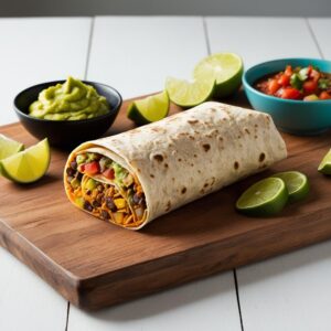 Podanie burrito na desce drewnianej z dodatkami miseczka z guacamole pokrojone limonki i salsa pomidorowa. 2 Podanie burrito na desce drewnianej z dodatkami miseczka z guacamole pokrojone limonki i salsa pomidorowa. 2