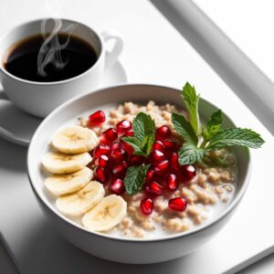Porcja owsianki z mlekiem migdalowym ozdobiona plasterkami banana granatem i listkami miety na boku filizanka kawy.