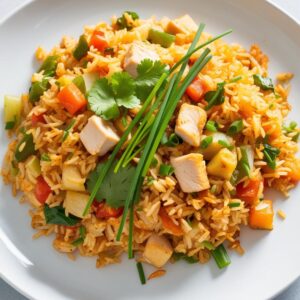 Porcja smazonego ryzu z warzywami i kurczakiem udekorowana swiezym szczypiorkiem i kolendra podana na bialym talerzu z widoczna tekstura chrupiacych warzyw i miesa Porcja smazonego ryzu z warzywami i kurczakiem udekorowana swiezym szczypiorkiem i kolendra podana na bialym talerzu z widoczna tekstura chrupiacych warzyw i miesa