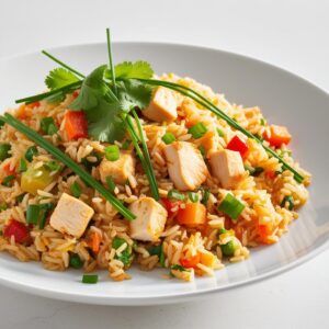 Porcja smazonego ryzu z warzywami i kurczakiem udekorowana swiezym szczypiorkiem i kolendra podana na bialym talerzu z widoczna tekstura chrupiacych warzyw i miesa. 1 1 Porcja smazonego ryzu z warzywami i kurczakiem udekorowana swiezym szczypiorkiem i kolendra podana na bialym talerzu z widoczna tekstura chrupiacych warzyw i miesa. 1 1