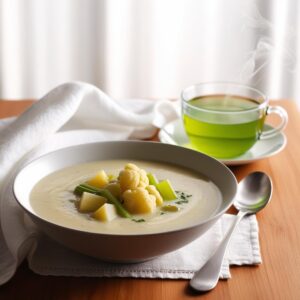 Porcja zupy krem z kalafiora selera i ziemniakow w tle widoczna delikatna konsystencja zupy z biala sciereczka na stole oraz filizanka zielonej herbaty Porcja zupy krem z kalafiora selera i ziemniakow w tle widoczna delikatna konsystencja zupy z biala sciereczka na stole oraz filizanka zielonej herbaty