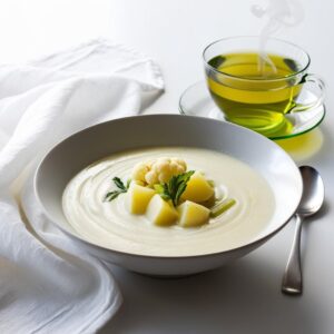 Porcja zupy krem z kalafiora selera i ziemniakow w tle widoczna delikatna konsystencja zupy z biala sciereczka na stole oraz filizanka zielonej herbaty. 1 Porcja zupy krem z kalafiora selera i ziemniakow w tle widoczna delikatna konsystencja zupy z biala sciereczka na stole oraz filizanka zielonej herbaty. 1