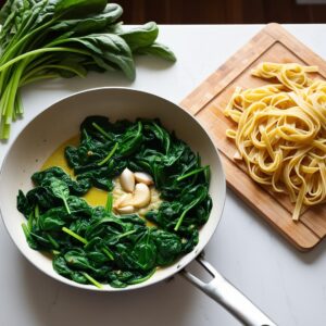 Process shot fresh spinach being sauteed with garlic on a pan next to cooked pasta on a cutting board. makaron z kremowym sosem