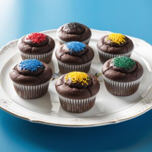 Profesjonalne zdjecie olimpijskich muffinek czekoladowych na blekitnym tle kolorowe posypki w barwach olimpijskich eleganckie ulozenie na bialej porcelanowej paterze. 1 Profesjonalne zdjecie olimpijskich muffinek czekoladowych na blekitnym tle kolorowe posypki w barwach olimpijskich eleganckie ulozenie na bialej porcelanowej paterze. 1