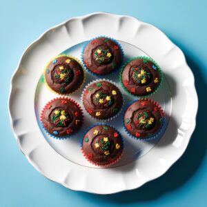 Profesjonalne zdjecie olimpijskich muffinek czekoladowych na blekitnym tle kolorowe posypki w barwach olimpijskich eleganckie ulozenie na bialej porcelanowej paterze. Profesjonalne zdjecie olimpijskich muffinek czekoladowych na blekitnym tle kolorowe posypki w barwach olimpijskich eleganckie ulozenie na bialej porcelanowej paterze.