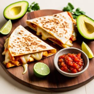 Quesadillas z kurczakiem i roztopionym serem podane na drewnianej desce obok plasterki awokado limonka i miseczka salsy pomidorowej cieple oswietlenie.