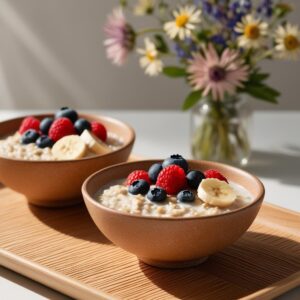 Radosny poranek dwie miski owsianki z kolorowymi owocami na drewnianej tacy kwiaty w tle i delikatna gra swiatla. 1