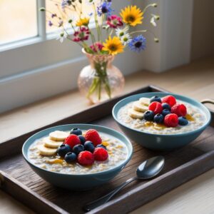 Radosny poranek dwie miski owsianki z kolorowymi owocami na drewnianej tacy kwiaty w tle i delikatna gra swiatla.