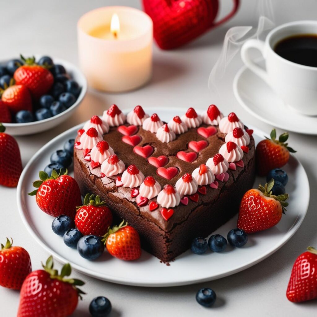 Romantyczna aranzacja stolu z walentynkowym brownie w ksztalcie serca otoczonym truskawkami i borowkami z filizanka kawy i swieca w tle. 1