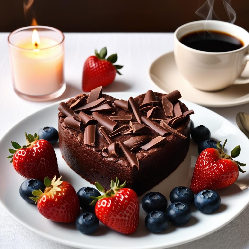 Romantyczna aranzacja stolu z walentynkowym brownie w ksztalcie serca otoczonym truskawkami i borowkami z filizanka kawy i swieca w tle.