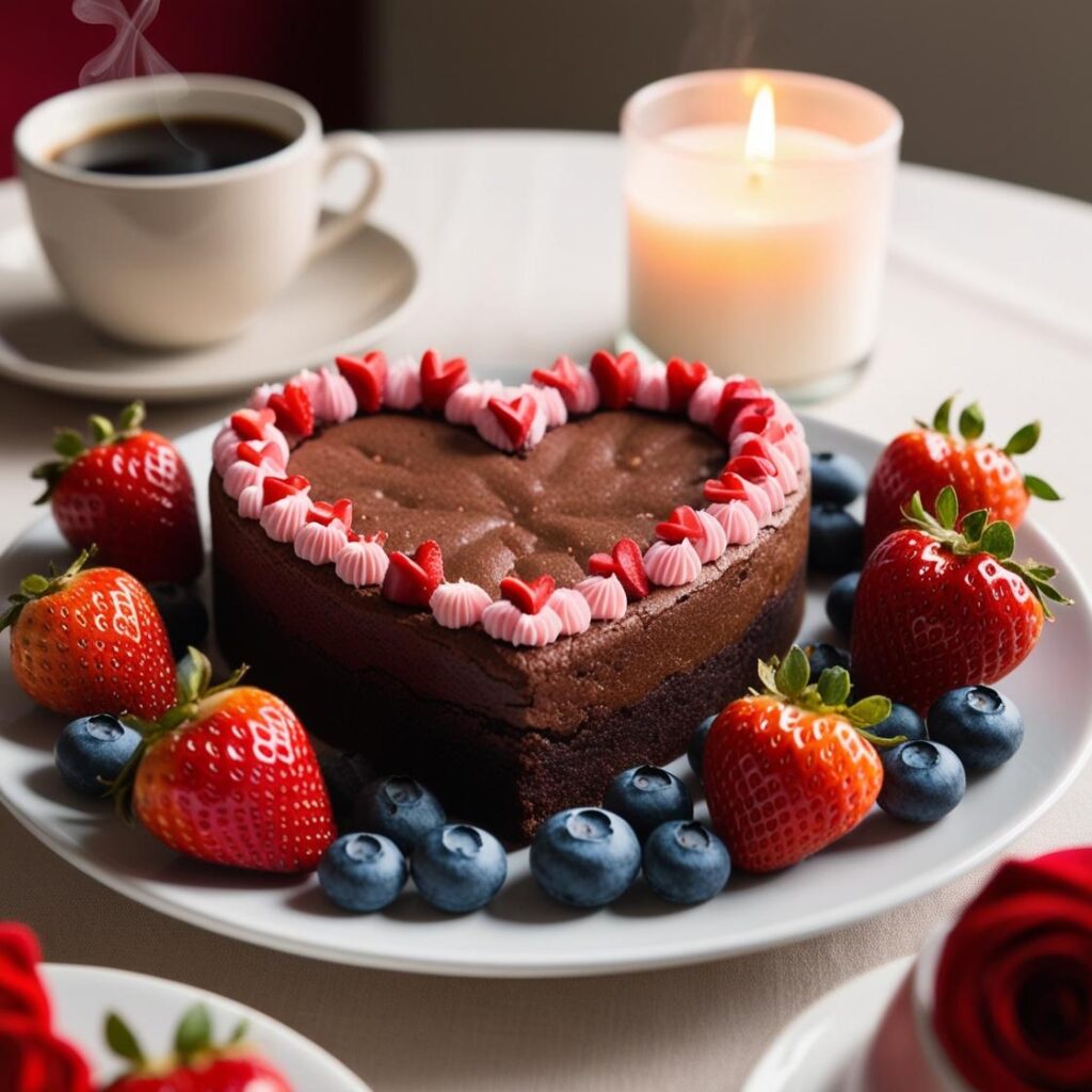 Romantyczna aranzacja stolu z walentynkowym brownie w ksztalcie serca otoczonym truskawkami i borowkami z filizanka kawy i swieca w tle. 3