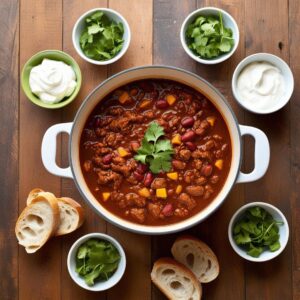 Rustykalny stol z garnkiem Chili con Carne ulozonymi wokol dodatkami kolendra kwasna smietana i pieczywem