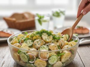 Salatka z mlodymi ziemniakami ogorkiem i koperkiem 1 Sałatka z młodymi ziemniakami, ogórkiem i koperkiem