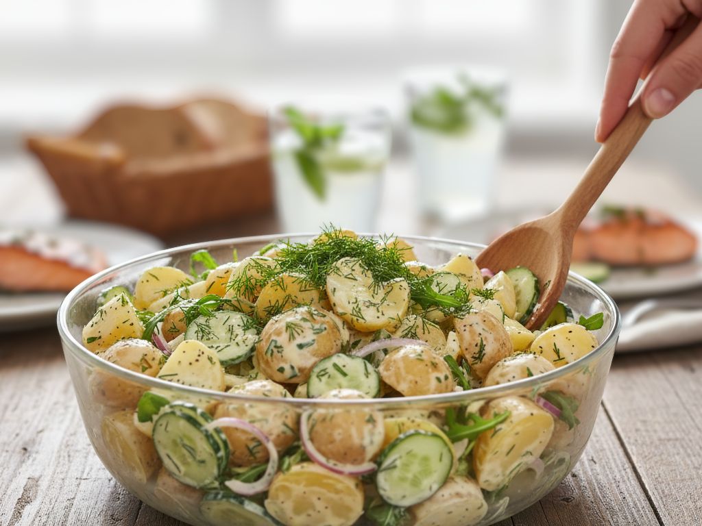 Sałatka z młodymi ziemniakami, ogórkiem i koperkiem