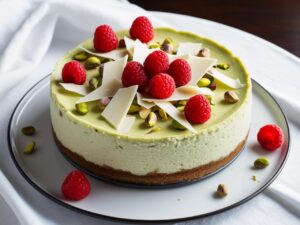 Sernik pistacjowy z dekoracja z bialej czekolady i swiezych malin ustawiony na eleganckim stole