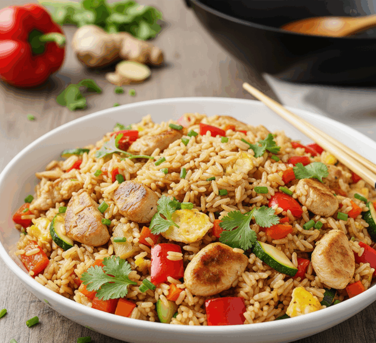 Smażony ryż z kurczakiem i warzywami