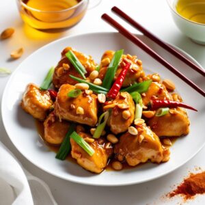 Soczyste kawalki kurczaka Gong Bao podane na bialym talerzu obok paleczki i filizanka zielonej herbaty z widocznymi przyprawami