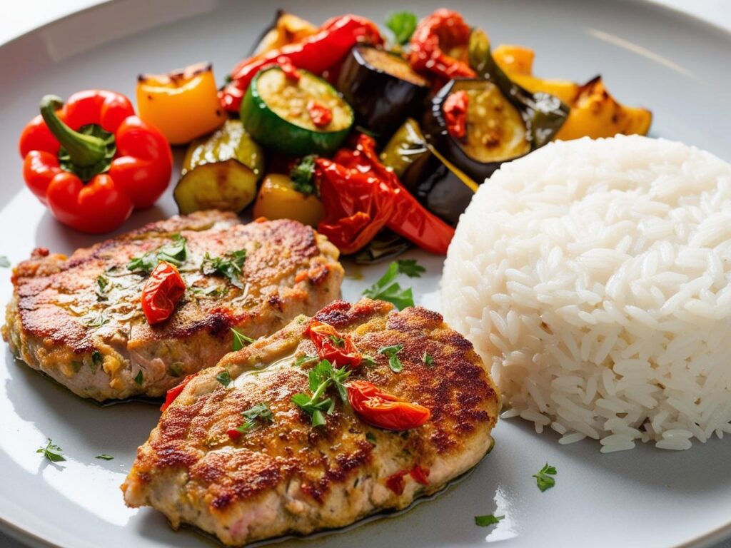 Soczyste kotlety mielone z indyka z suszonymi pomidorami i ziolami podane z warzywami srodziemnomorskimi i gotowanym ryzem 1