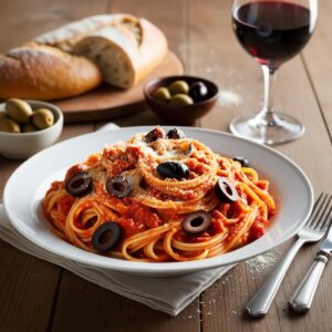 Stol z makaronem puttanesca czyli z sosem pomidorowym z pokrojonymi oliwkami i posypany tartym parmezanem kieliszek czerwonego wina obok rustykalne dodatki jak chleb i miseczka z oliwkami w tle. 1 Stol z makaronem puttanesca czyli z sosem pomidorowym z pokrojonymi oliwkami i posypany tartym parmezanem kieliszek czerwonego wina obok rustykalne dodatki jak chleb i miseczka z oliwkami w tle. 1