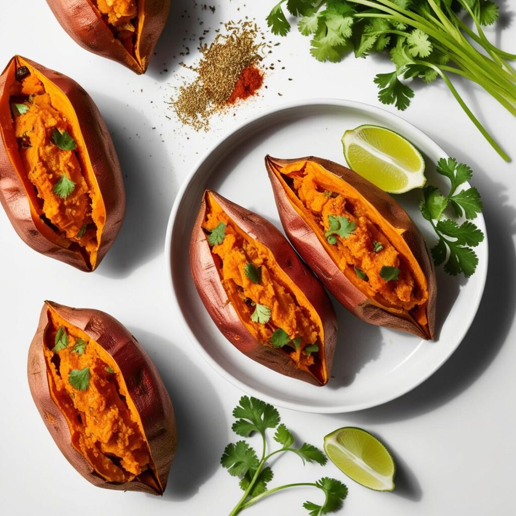 Stylizowane zdjecie nadziewanych batatow z farszem obok widoczne przyprawy swieza kolendra i limonka minimalistyczne tlo. pieczone bataty