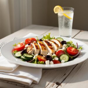 Swieza salatka grecka na bialym talerzu z grillowanym kurczakiem feta i kolorowymi warzywami serwowana na drewnianym stole w tle szklanka wody z plasterkiem cytryny. 1 1 Swieza salatka grecka na bialym talerzu z grillowanym kurczakiem feta i kolorowymi warzywami serwowana na drewnianym stole w tle szklanka wody z plasterkiem cytryny. 1 1