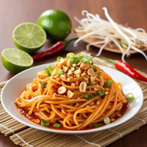 Talerz Pad Thai ustawiony na bambusowej macie w tle skladniki jak limonka kielki papryczka chili klimat orientalny jasne i zywe kolory. Talerz Pad Thai ustawiony na bambusowej macie w tle skladniki jak limonka kielki papryczka chili klimat orientalny jasne i zywe kolory.