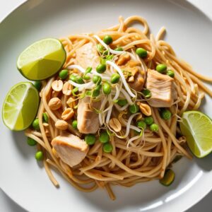 Talerz Pad Thai z kurczakiem udekorowany swiezymi kielkami fasoli mung orzeszkami ziemnymi i plasterkami limonki zywe kolory jasne oswietlenie nowoczesna prezentacja. 1 Talerz Pad Thai z kurczakiem udekorowany swiezymi kielkami fasoli mung orzeszkami ziemnymi i plasterkami limonki zywe kolory jasne oswietlenie nowoczesna prezentacja. 1