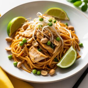 Talerz Pad Thai z kurczakiem udekorowany swiezymi kielkami fasoli mung orzeszkami ziemnymi i plasterkami limonki zywe kolory jasne oswietlenie nowoczesna prezentacja. Talerz Pad Thai z kurczakiem udekorowany swiezymi kielkami fasoli mung orzeszkami ziemnymi i plasterkami limonki zywe kolory jasne oswietlenie nowoczesna prezentacja.