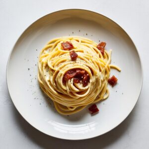 Talerz spaghetti carbonara z aksamitnym kremowym sosem jajeczno serowym chrupiacym guanciale i posypany swiezo mielonym pieprzem na eleganckim bialym tle. 1 1 Talerz spaghetti carbonara z aksamitnym kremowym sosem jajeczno serowym chrupiacym guanciale i posypany swiezo mielonym pieprzem na eleganckim bialym tle. 1 1