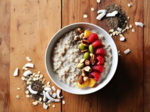 Widok z gory na miseczke owsianki kokosowej z kolorowymi dodatkami ulozone na rustykalnym drewnianym blacie z rozsypanymi wiorkami kokosowymi i nasionami chia Owsianka kokosowa z mango i orzechami