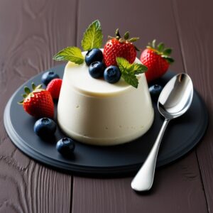 Wloski deser Panna Cotta na ciemnym rustykalnym tle udekorowany swiezymi jagodami i mieta z lyzka gotowa do podania. 1