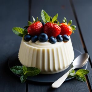 Wloski deser Panna Cotta na ciemnym rustykalnym tle udekorowany swiezymi jagodami i mieta z lyzka gotowa do podania.