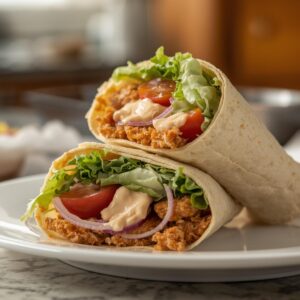 Wrap z panierowanym kurczakiem salata lodowa cebula Wrap z panierowanym kurczakiem salata lodowa cebula