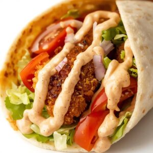 Wrap z panierowanym kurczakiem salata lodowa pomidorkami koktajlowym Wrap z panierowanym kurczakiem salata lodowa pomidorkami koktajlowym