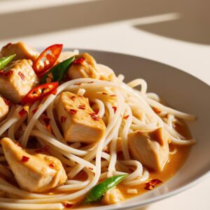 Zblizenie na Pad Thai z widocznymi kawalkami kurczaka makaronem ryzowym i chili cieple barwy minimalistyczne tlo. 1 Zblizenie na Pad Thai z widocznymi kawalkami kurczaka makaronem ryzowym i chili cieple barwy minimalistyczne tlo. 1