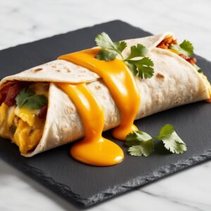 Zblizenie na burrito sniadaniowe na ciemnym talerzu z roztopionym serem i udekorowana kolendra.