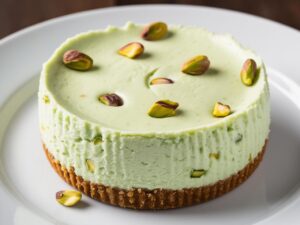 Zblizenie na kremowa konsystencje sernika pistacjowego widoczne kawalki pistacji w masie serowej. 1